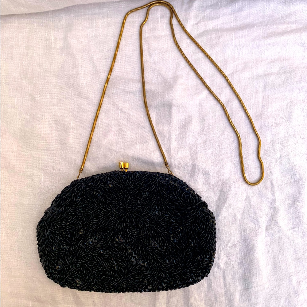 Vintage black beaded purse with gold chain